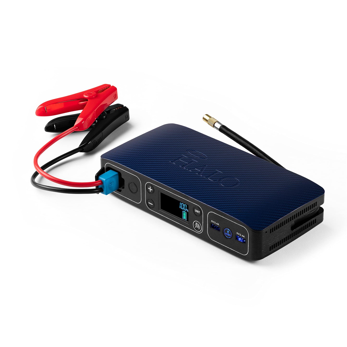 HALO Bolt Air 58830 Portable Car Battery Jump Starter | 100 PSI Air Compressor, 58.8Wh USB Power Bank, Emergency Floodlight & Charger, Jumps Cars SUVs & Trucks, Inflates Tires, TSA Approved — Blue