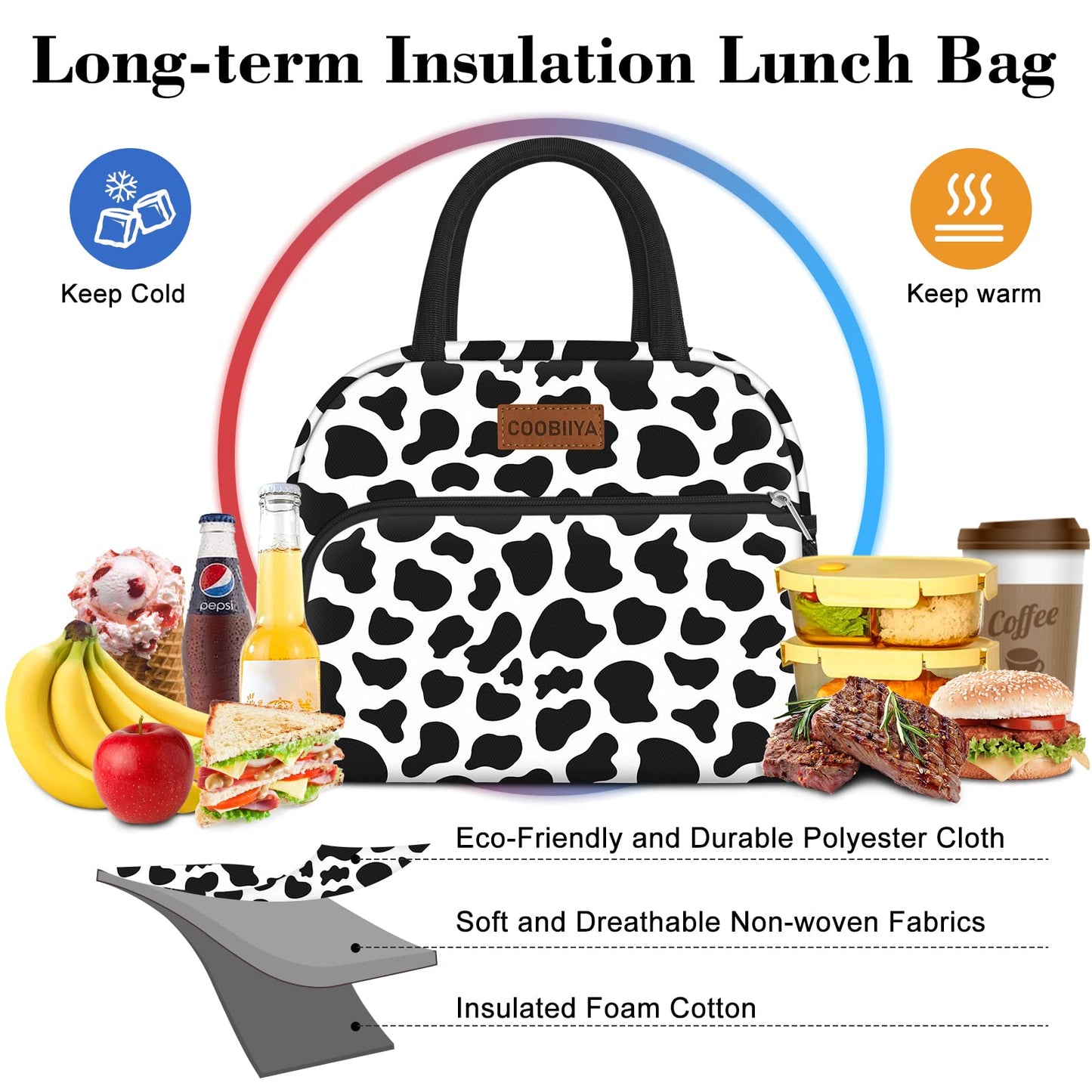 Coobiiya Lunch Bag Women, Lunch Box for Women Adult Men, Small Leakproof Cute Lunch Tote Large Capacity Reusable Insulated Cooler Lunch Container for Work/Office/Picnic/Travel-Cow