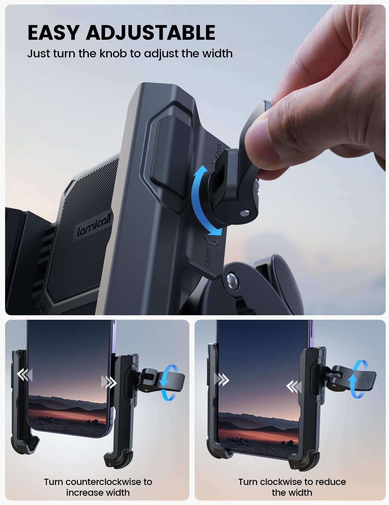 Lamicall Motorcycle Phone Mount Holder - [Camera Friendly] [1s Lock] Bike Phone Holder Handlebar Clamp, Bicycle Scooter Phone Clip, for iPhone Air, 17, 16, 15 Pro Max, Galaxy S25 Ultra, 4.7-7" Phones