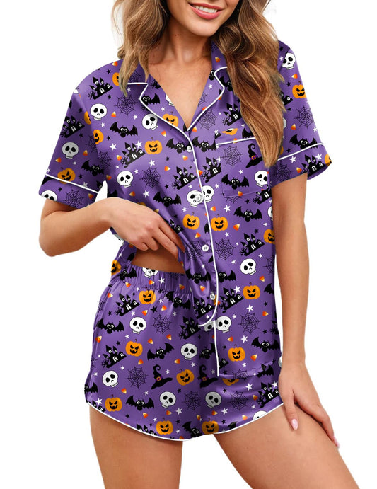 Ekouaer Womens Silk Satin Pajamas Set Short Sleeve Sleepwear Button Down Loungewear 2 Piece Pjs Shorts Set Purple Halloween Print Large