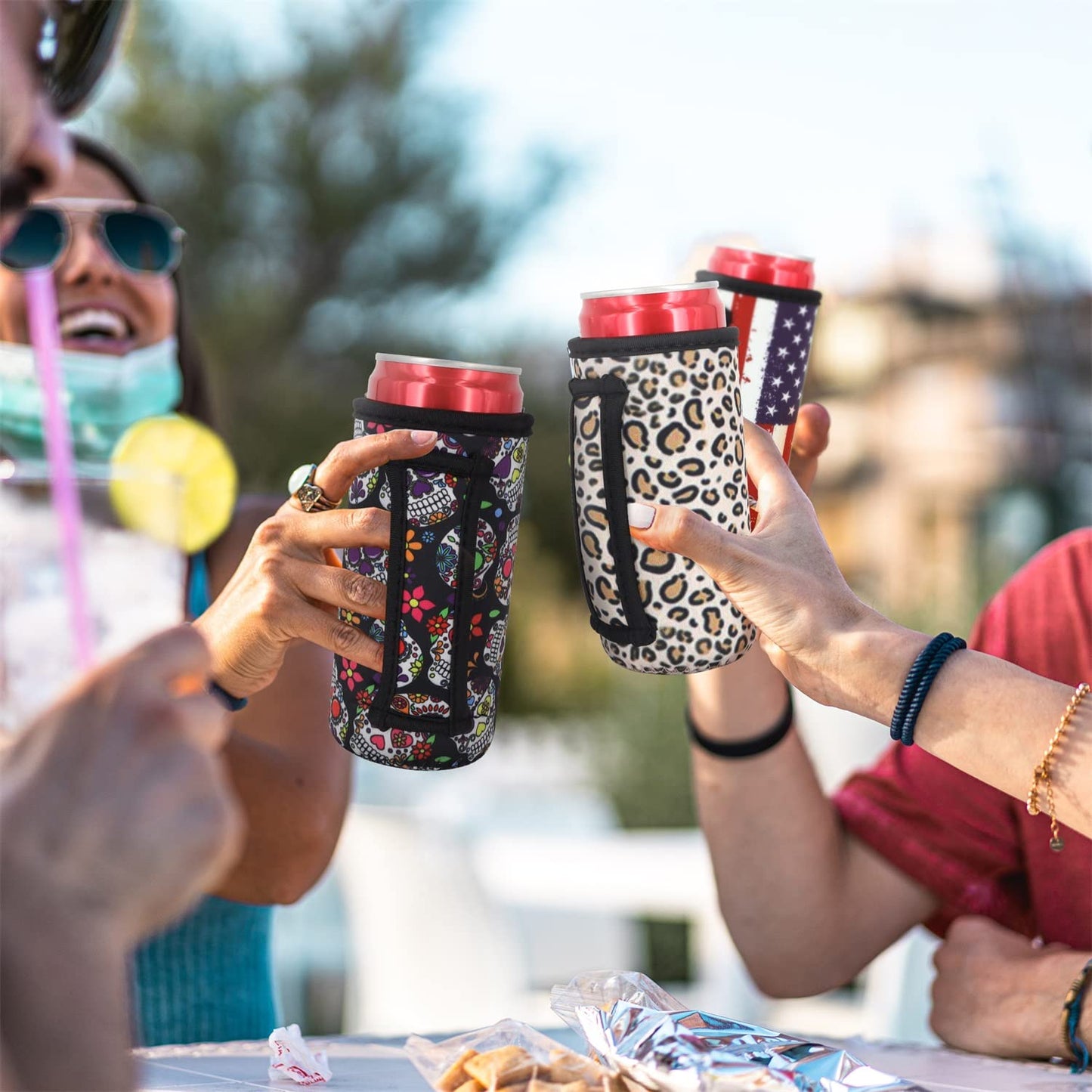 3 Pack Reusable Neoprene Insulated Can Sleeve with Handle for Soda, Energy drink, Pop, Beer, Hard Seltzer, Can Coosies For 12oz & 16oz Can, 12oz Slim can (Floral Sugar Skull(3Pack))