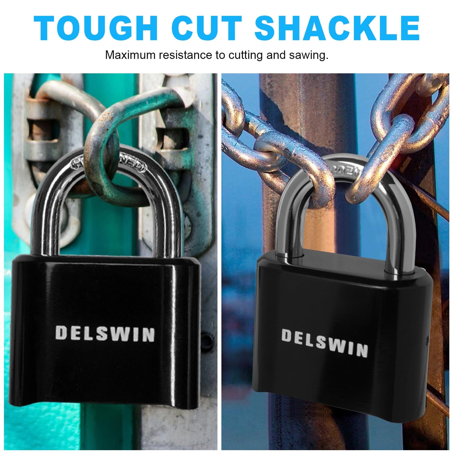 DELSWIN 4-Digit Combination Lock Outdoor Padlock - Heavy Duty Locker Lock with Hardened Steel Shackle, Waterproof Combo Lock for Gym Locker, Hasp Storage, Shed, Fence, Gate (Black,1Pcs)