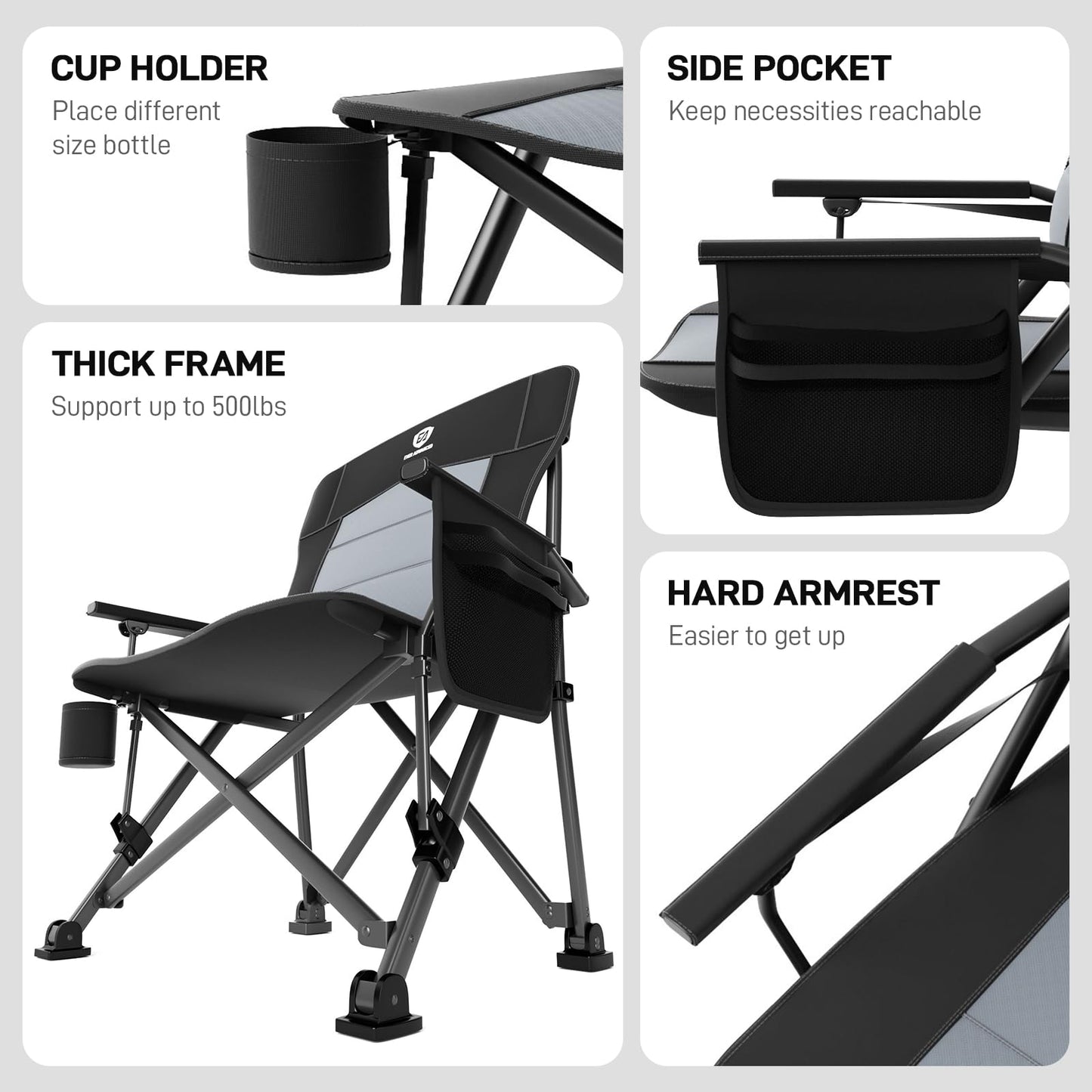 EVER ADVANCED Oversized Folding Camping Chair for Adults with Adjustable Lumbar Support, Heavy Duty Chair with Side Pockets, Portable Collapsible Quad Chair for Outside, Support Up to 500lbs,Black