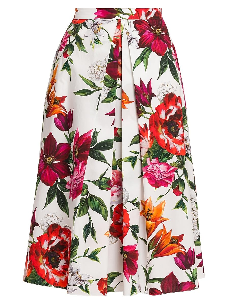 Dolce&Gabbana, Rafia Fiori Floral Pleated Cotton Poplin Midi-Skirt, 36 (0), White Print Flower