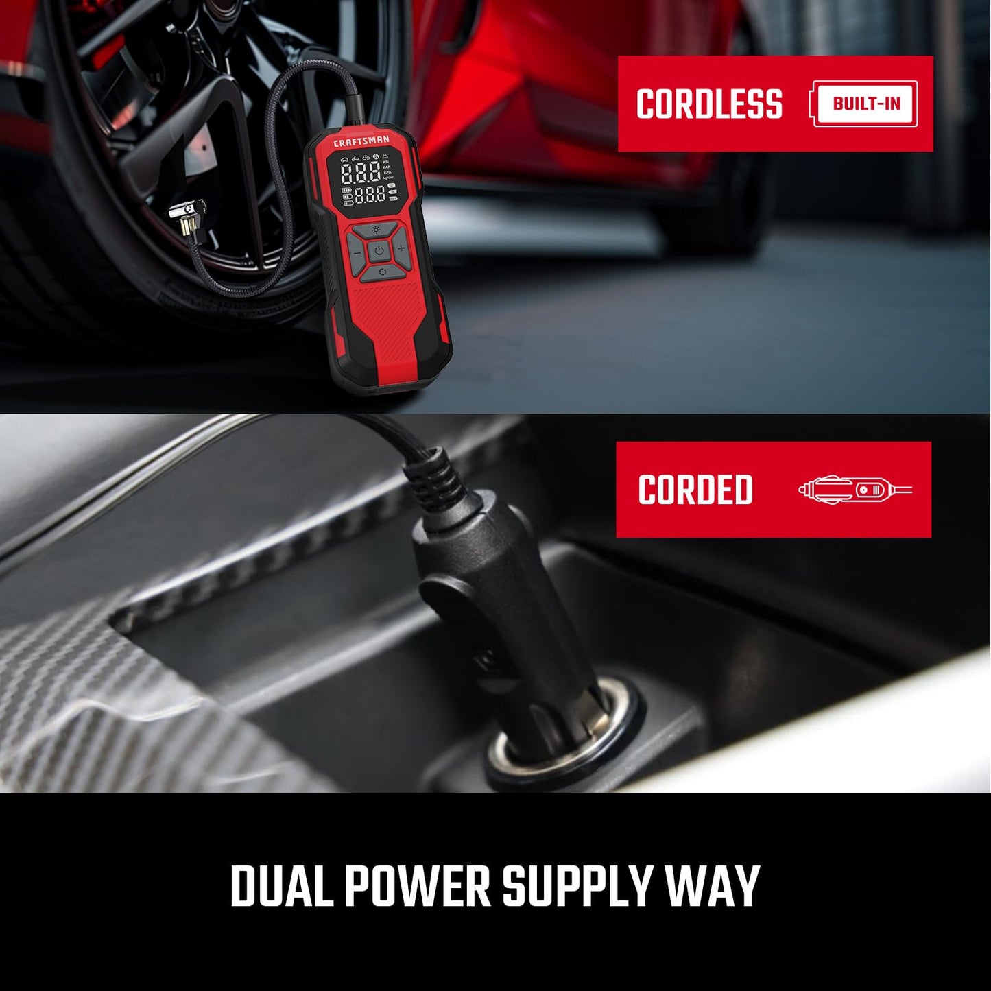 CRAFTSMAN Tire Inflator Portable Air Compressor, Cordless Mini Air Pump for Car Tires with Digital Tire Pressure Gauge, 6000mAh Battery Powered Air Pump, Max Pressure 150 PSI, 12V DC Corded