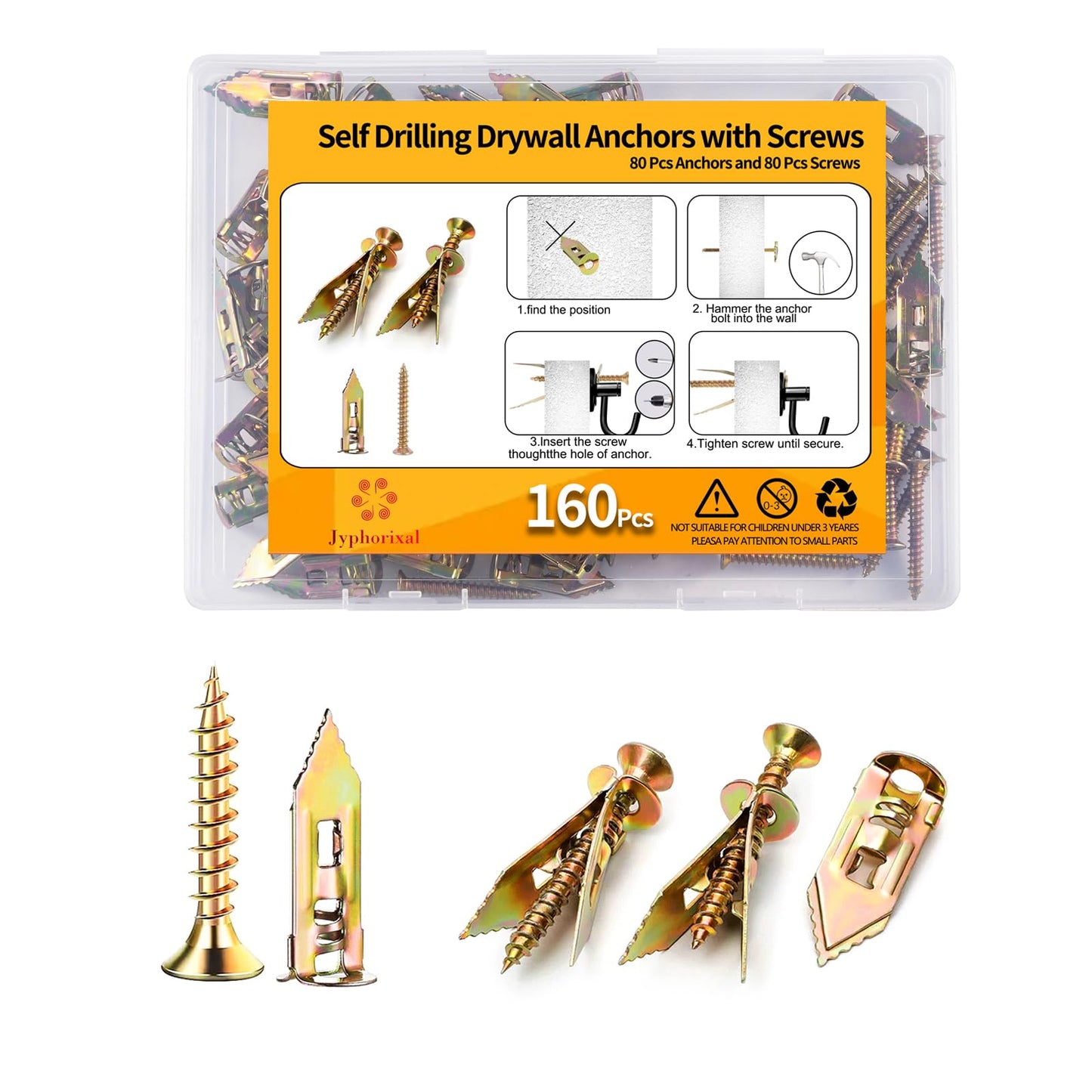 Jyphorixal 160 PCS Drywall Self Drilling Anchors with Screws Kit,80 PCS Sheetrock Anchors (0.47X1.18inch) and 80 PCS Screws, Eliminating The Need for Drilling or Punching Holes in The Wall.