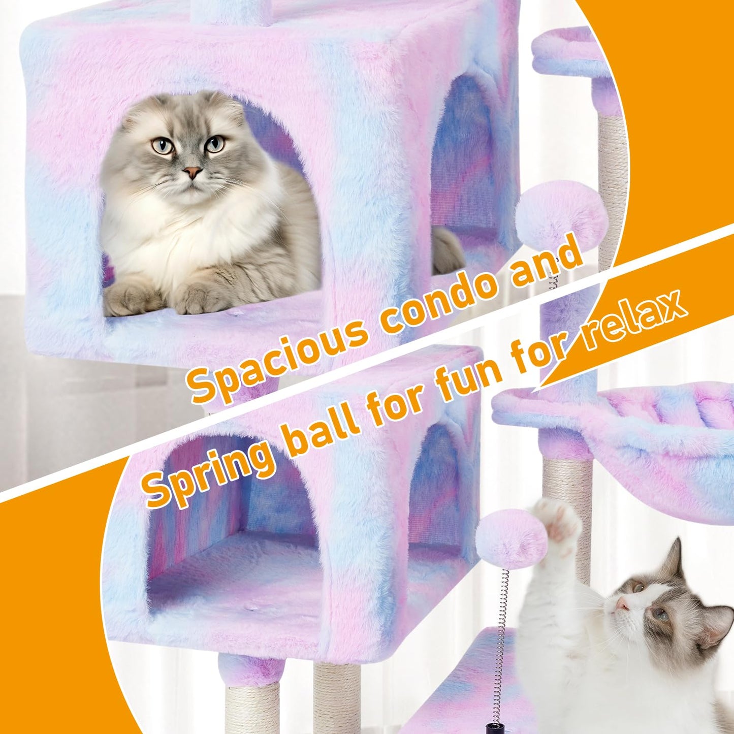 KIYUMI Cat Tree Cat Tower Condo with Sisal Scratching Post for Indoor Cats Cat Tree Cat Furniture with Hammock Perch and Kitten Ball Toys, Multi-Level Pet Activity Center Rainbow