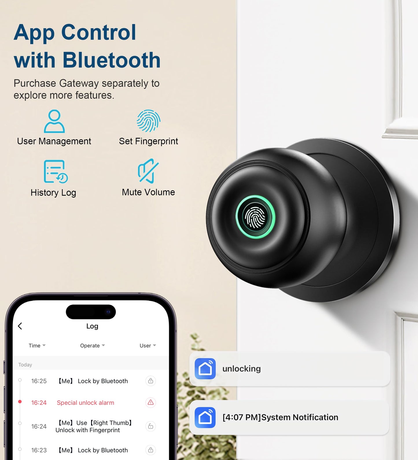 KLLOQUE Fingerprint Door Lock, Smart Fingerprint Door Knob with Lock, Biometric Door Locks with App Control & Key, Keyless Thumbprint Entry Door Locks for Bedroom, Front Door, Home, Apartment-Black