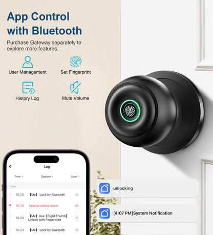 KLLOQUE Fingerprint Door Lock, Smart Fingerprint Door Knob with Lock, Biometric Door Locks with App Control & Key, Keyless Thumbprint Entry Door Locks for Bedroom, Front Door, Home, Apartment-Black