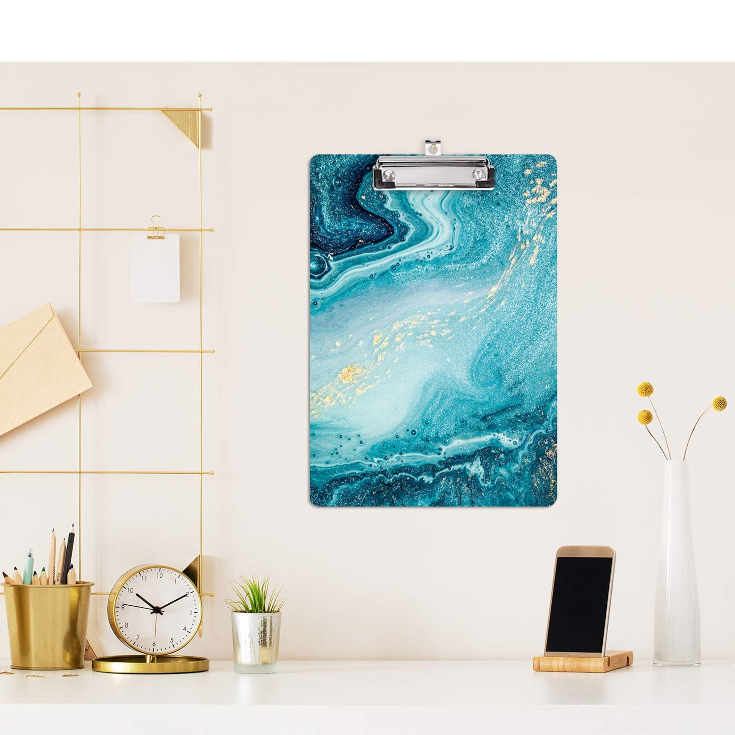 Hongri Wooden Clipboard, Fashion Design Clip Board for Classroom Students,Teacher, Women, Kids, Cute Custom Pattern, Standard Letter Size 9 x 12.5 in with Low Profile Metal Clip, Teal Marble