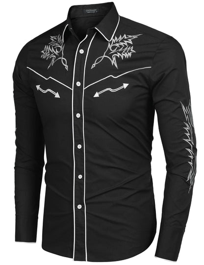 COOFANDY Mens Western Cowboy Shirt Embroidered Denim Long Sleeve Casual Button Down Shirt Black, Large