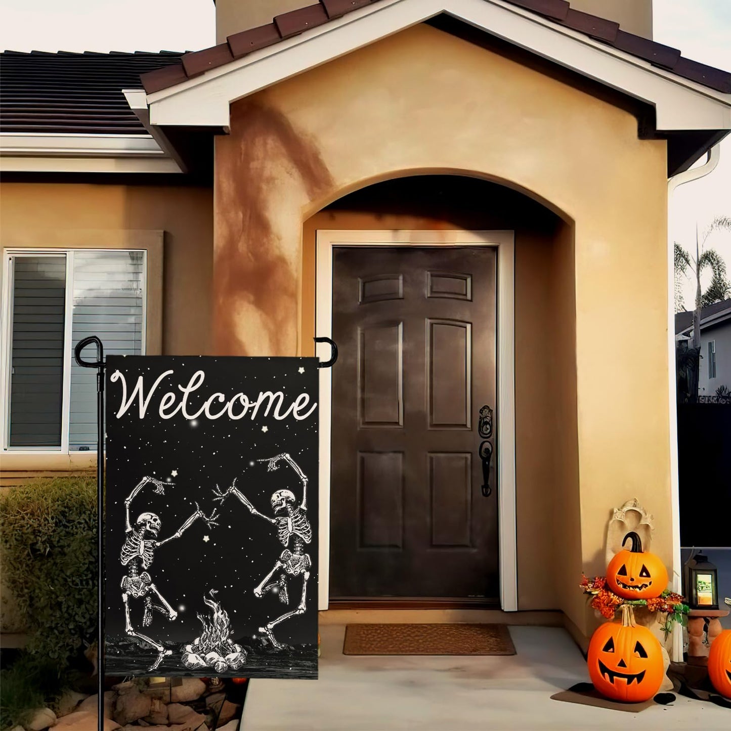 Cryfox Halloween Skull Welcome Garden Flags 12 x 18 Inch Dancing Human Skeletons Garden Flag for Outside Black Yard Flags Double Sided for Lawn Outdoor Decorations