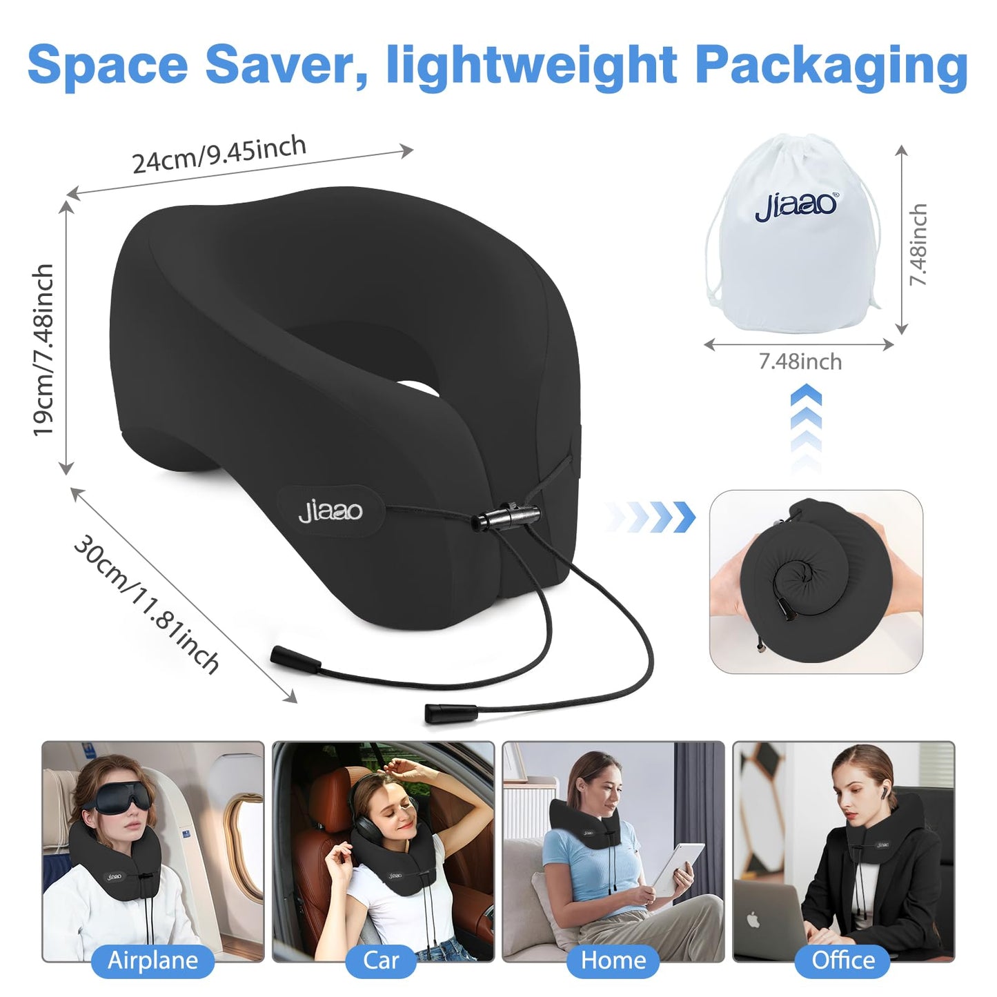 jiaao Neck Pillow Airplane, 2025 Upgraded Memory Foam Travel Pillow for International Flights, Adjustable Clasp, Storage Bag, Advanced Neck Support for Road Trips, Home, Office, and Gaming
