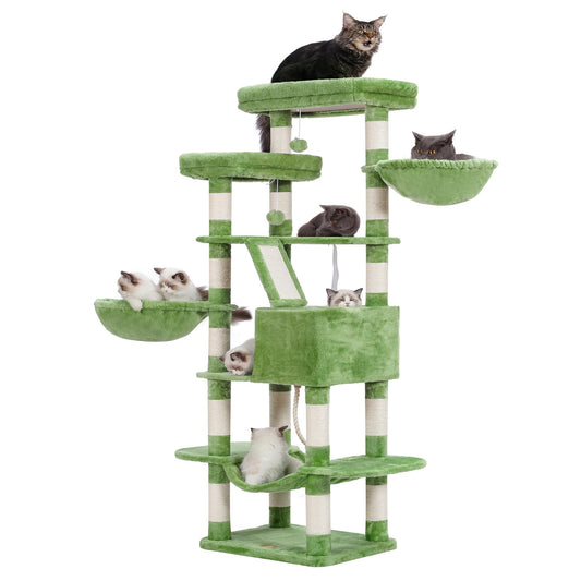 Heybly Cat Tree, 68 inch Multi-Level Cat Tower for Indoor Cats, 2 Widened Plush Perches Cat Condo with Scratching Board and Big Caves, Green HCT025GR