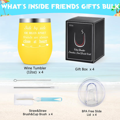 GINGPROUS 4 Pack Friend Wine Tumbler Set for Girls Trip Friendship Girls Weekend Long Distance Frineds, 12 Oz Stainless Steel Wine Tumbler with Lid and Straw, Mix Color