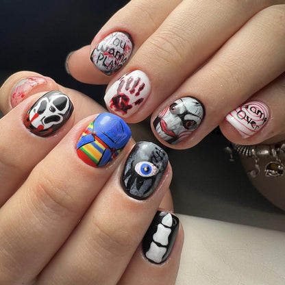 Halloween Short Press on Nails Square Fake Nails Scary Movie Characters Bloody Halloween Glue on Nails False Nails with Designs Holiday Halloween Manicure Art Decorations for Women 24Pcs