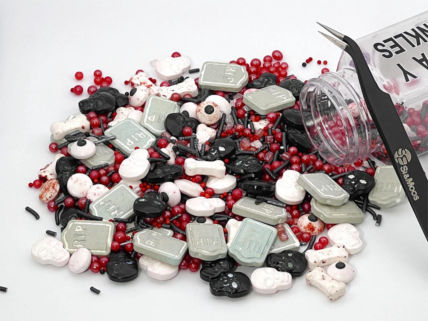 Edible Tombstones Vampire Cake Decorations Gravestone Cake Toppers Halloween Candy Skulls and Bones Bloody Candy Eyes for Decorating Black and Red Sprinkles Halloween Sprinkles 3.35 OZ with Tweezers