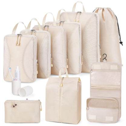 Compression Packing Cubes 10 Sets, Packing Organizers, Extensible Suitcase Organiser Bags, Travel Organizer Cubes for Travel Essentials Beige