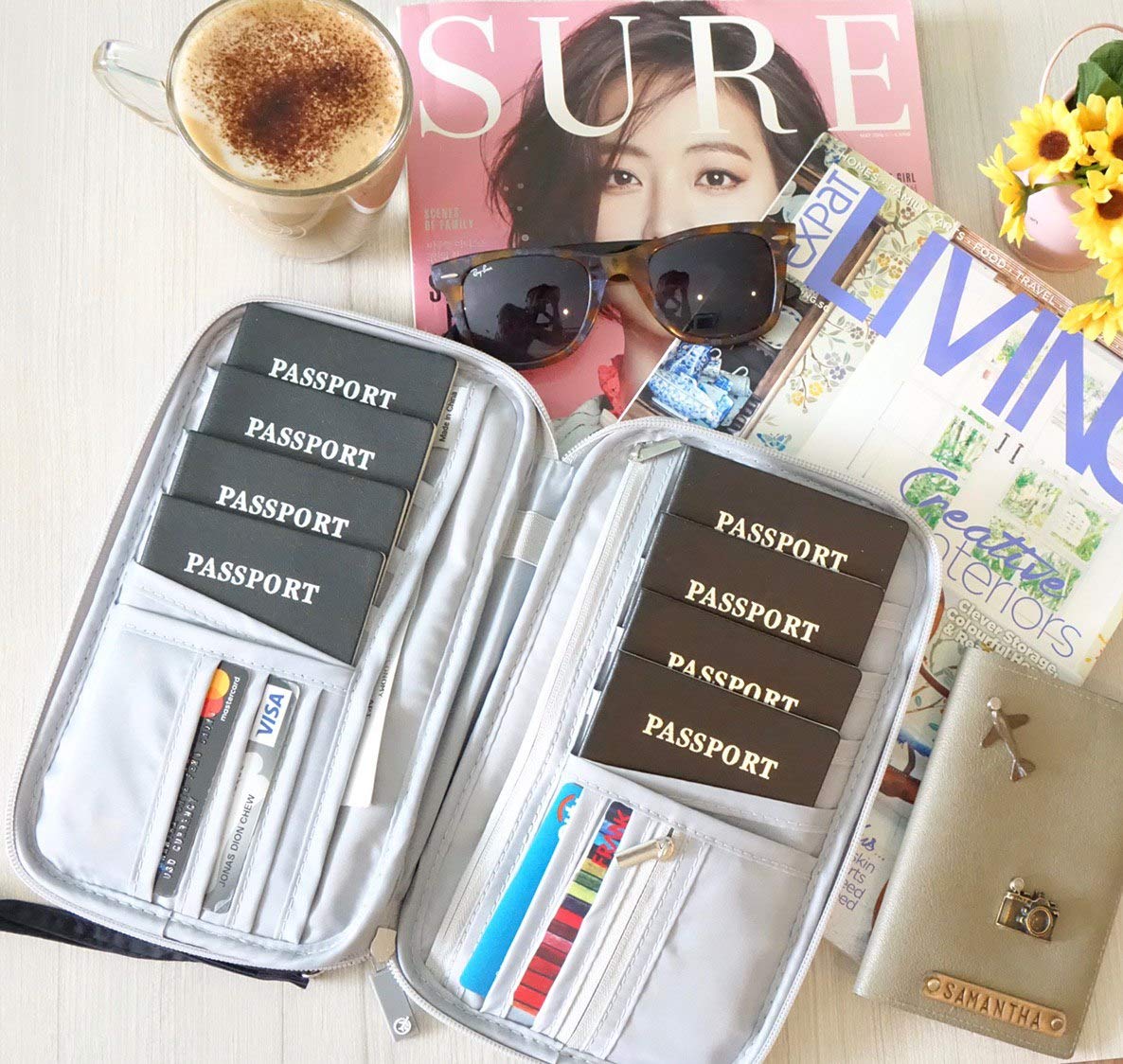 Large Family Passport Holder for 8 | Family Passport Holder for 6 | Multiple Passport Holder Family | Travel Document Organizer w/RFID Blocking,Removable Wrist Strap & Crossbody | Airplane Essentials