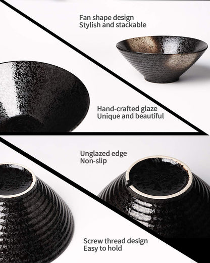 Kanwone Ceramic Japanese Ramen Bowl Set, Noodle Soup Bowls - 37 Ounce, with Matching Spoons and Chopsticks for Udon Soba Pho Asian Noodles, Set of 2, Black