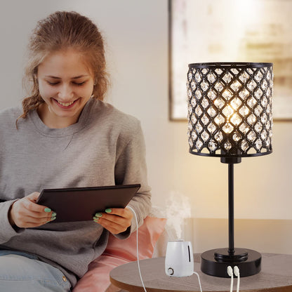 Crystal Touch Control Table Lamp with 2 USB Charging Ports, 3-Way Dimmable Black Crystal Table Bedside Lamp Nightstand Desk Light for Bedroom, Girls Guest Room, Living Room, Bulbs Included