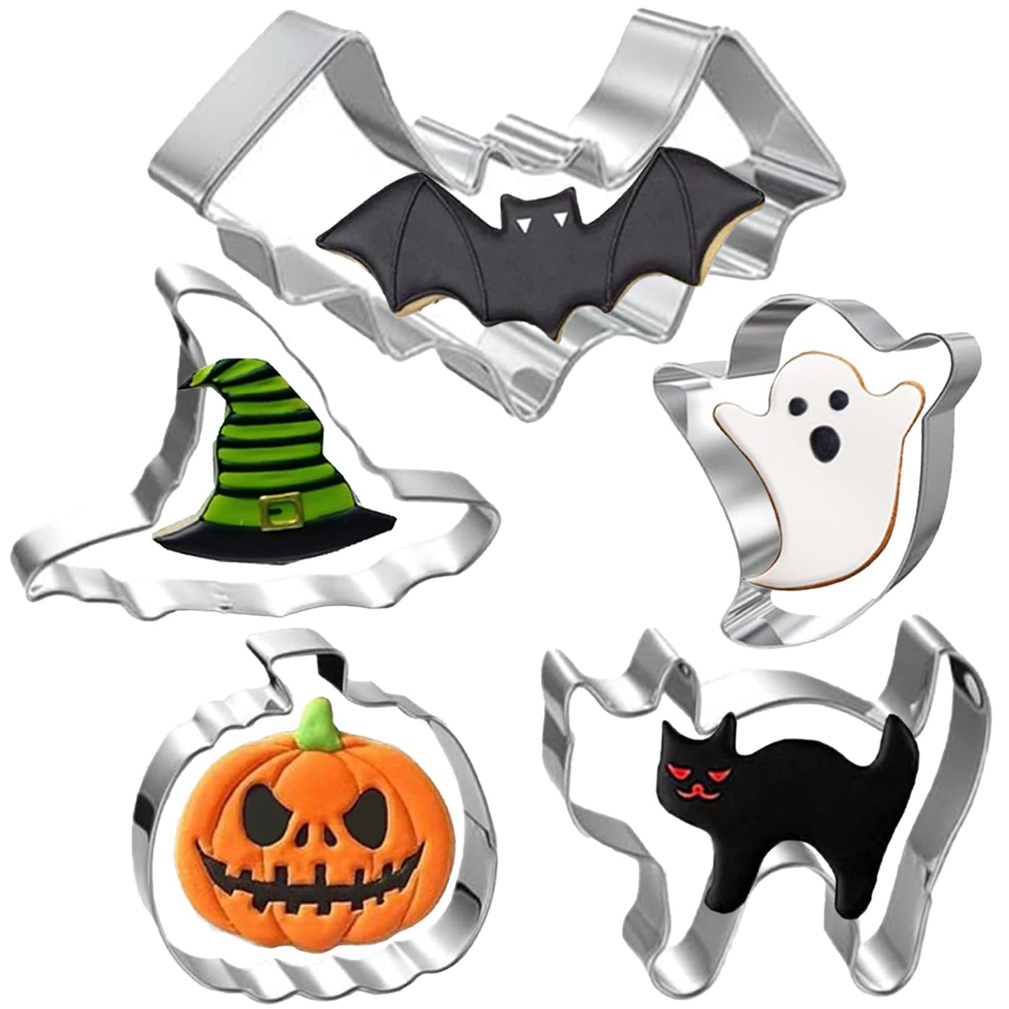 Halloween Cookie Cutters Set Large - Witch's Hat, Pumpkin, Ghost, Bat and Cat Cutter Stainless Steel
