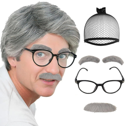 IMEYLE 4 Pcs Set Old Men Wig (2 Eyebrows+1 Mustache+1 Glasses+1 Wig Cap) 100 Days of School Wigs Grandpa Costume Accessory Kit Short Sliver Grey Hair Wigs Men for Costume Halloween Party+Hair Cap