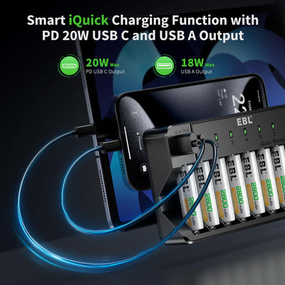 EBL 8 Bay Fast Rechargeable Battery Charger for AA AAA Ni-MH Ni-CD Batteries with PD 20W USB C and USB A Output Port