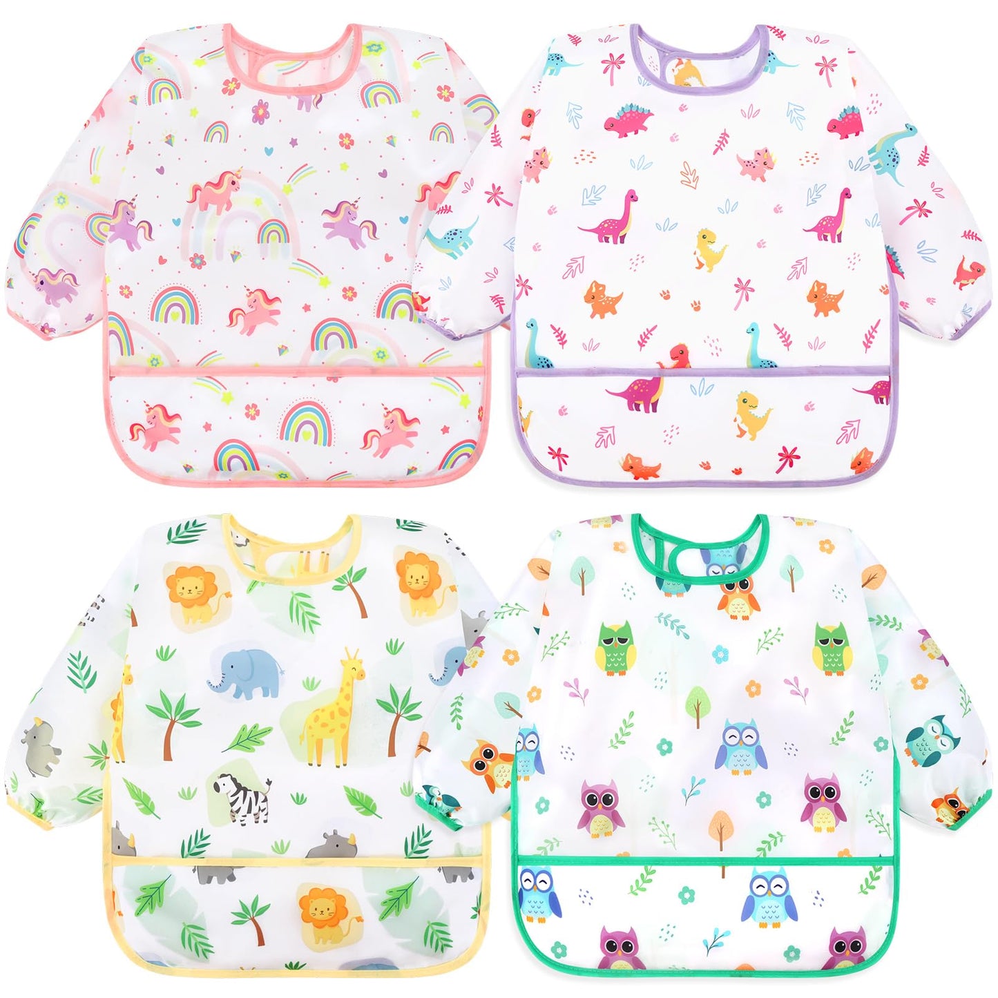 Accmor 4 Pack Long Sleeve Bibs, Baby Smock Waterproof Sleeved Bib Smock for Baby Toddler 6-24 Months