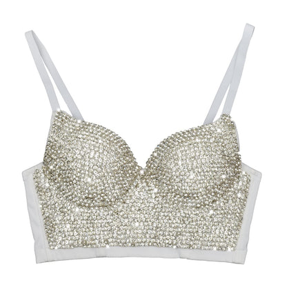 ELLACCI Women's Rhinestone Diamond Push up Bustier Crop Top Sexy Punk Corset Bra White Medium