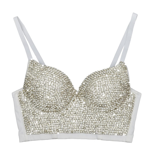 ELLACCI Women's Rhinestone Diamond Push up Bustier Crop Top Sexy Punk Corset Bra White Medium
