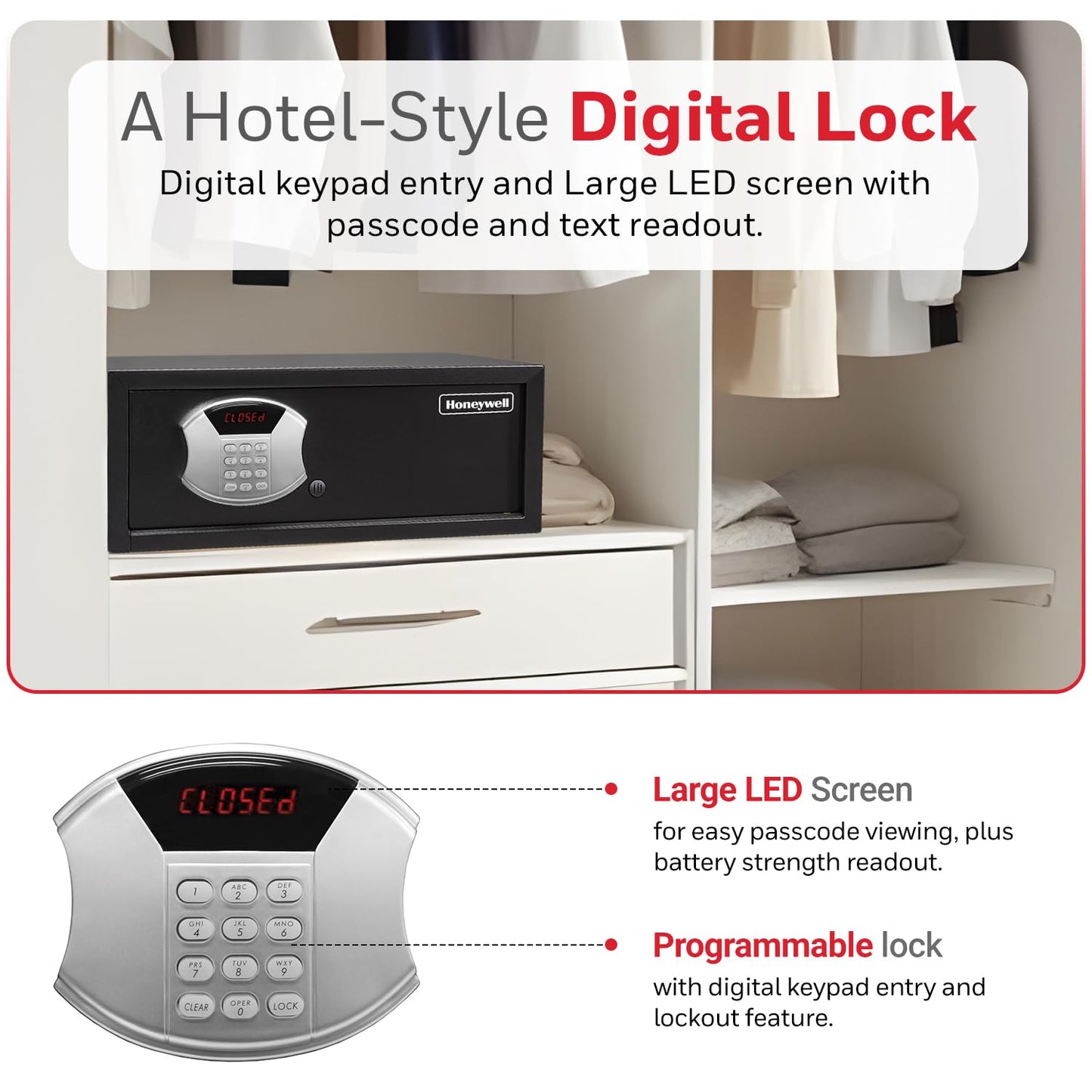 Honeywell Safes & Door Locks - Hotel Room Style Safe Box with Digital Lock - Fits 17" Laptop - LED Display Panel - Low Profile Steel Security Personal Safe for Money - 1.14 Cubic Feet - Black - 5105DS