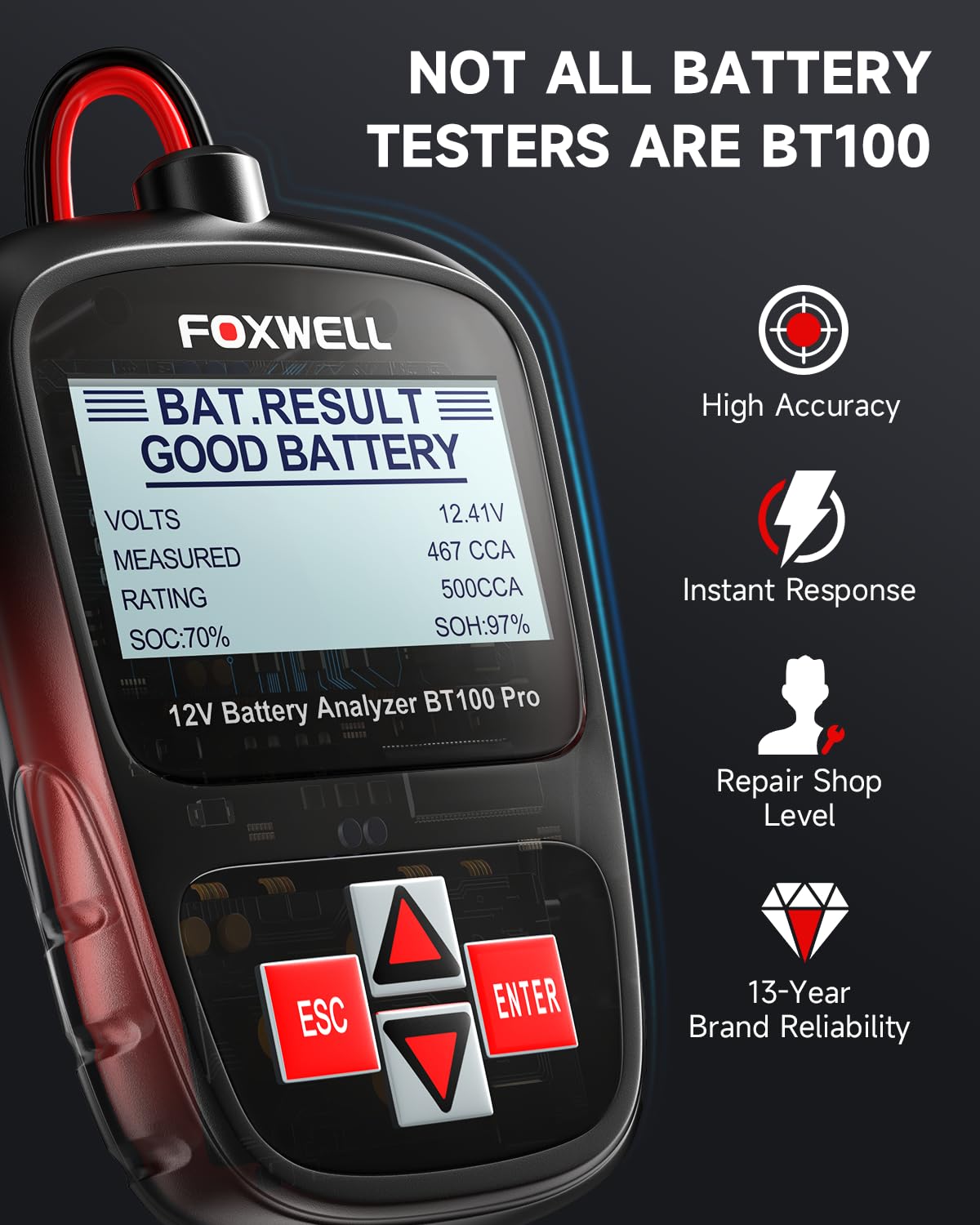 FOXWELL BT100 PRO 12V Car Battery Tester, 100-1100CCA Battery Load Tester, Automotive Digital Analyzer for Cars Trucks Motorcycles SUVs and Marine