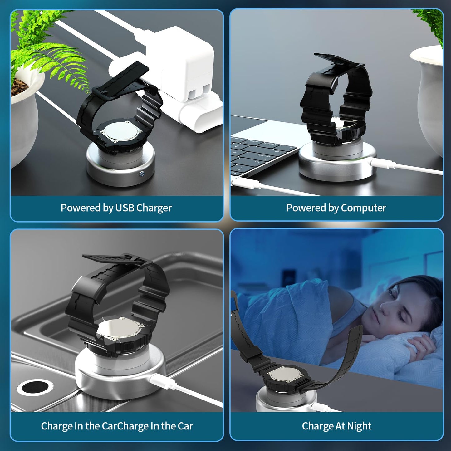 ECEEN Solar Watch Fast Charger, Led Light Charging Solar Watches with Men, Women & Square 3 Size Caps Compatible Casio G Shock, Tough, Protrek, Seiko, Citizen, Garmin, Timex, Bering, FANMIS