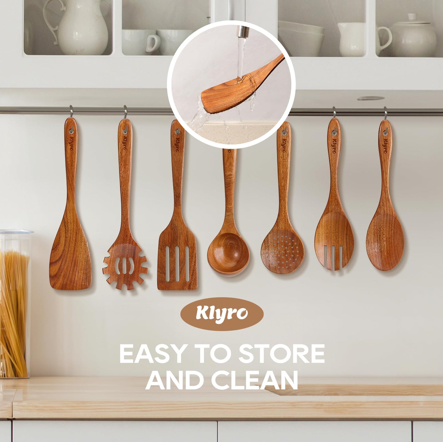 KLYRO Kitchen Utensils Set, 7 Piece Premium Cooking Utensils Set, Durable Non-Stick Wooden Spoons for Cooking, Kitchen Essentials for New Home