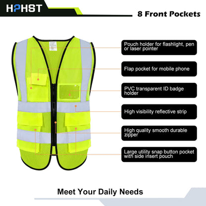 HPHST High Visibility Cycling Vest for Men and Women with Zip Reflective Vest Work Vest Yellow
