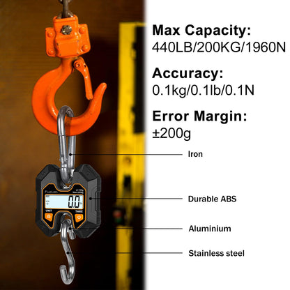 Fuzion Mini Crane Scale - Hanging Scale 440lb/200kg/1960N, Deer Scale with Large LCD Display, Hold & Tare Functions for Hunting, Farms, Fishing, No Setup Required