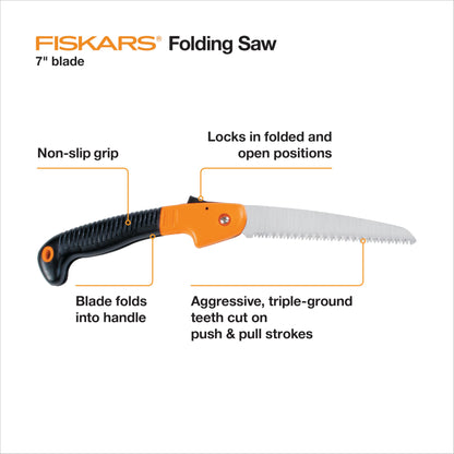 Fiskars Folding Hand Saw, 7" Pruning Saw with Power Tooth Blade with Triple Ground Teeth that Powers Through Wood Faster, Soft Grip Handle