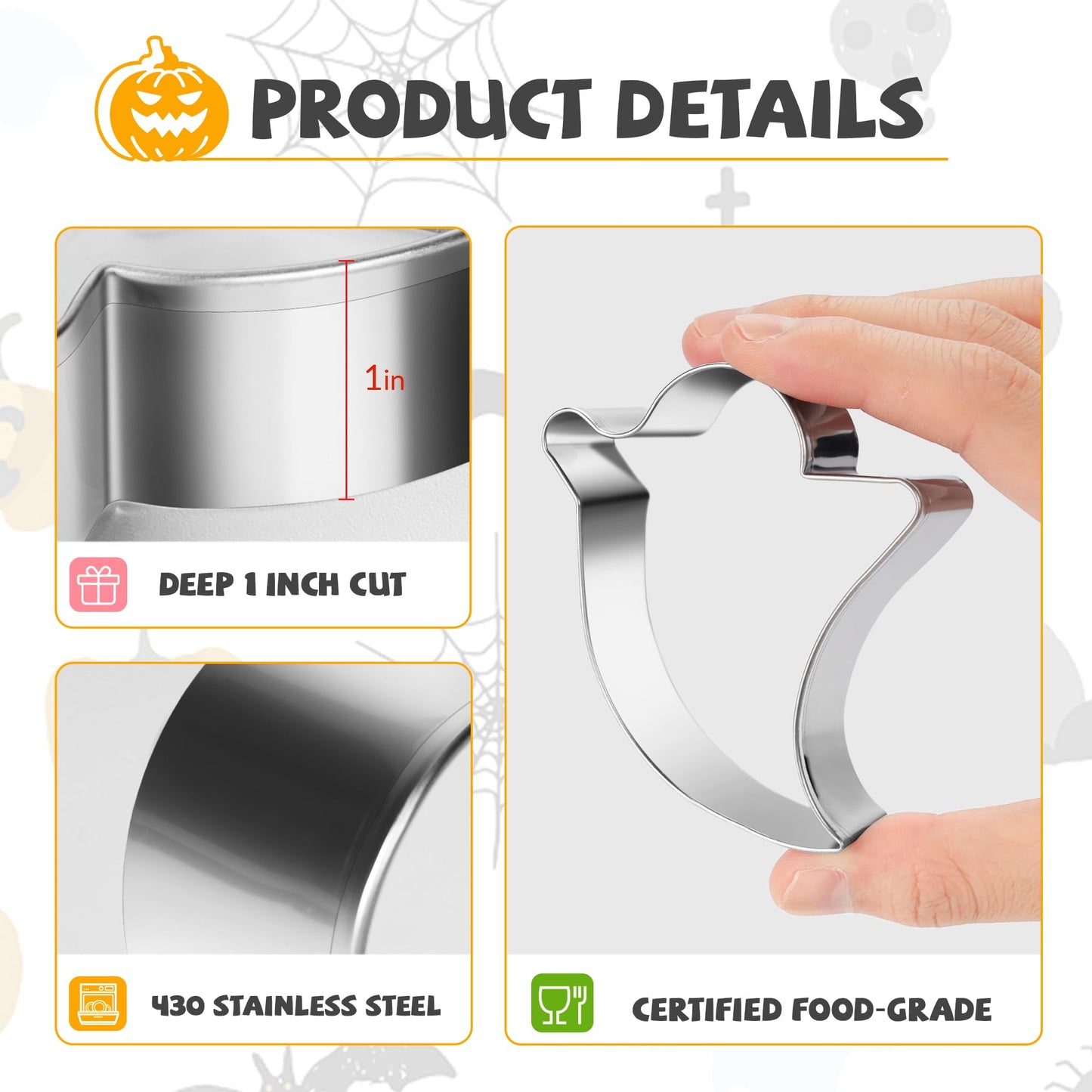 FUSOTO Halloween Cookie Cutters, 6 Pcs Holiday Cookie Cutters Halloween Shapes - Spider, Pumpkin, Bat, Cat, Ghost, Witch Hat for Cookie Baking