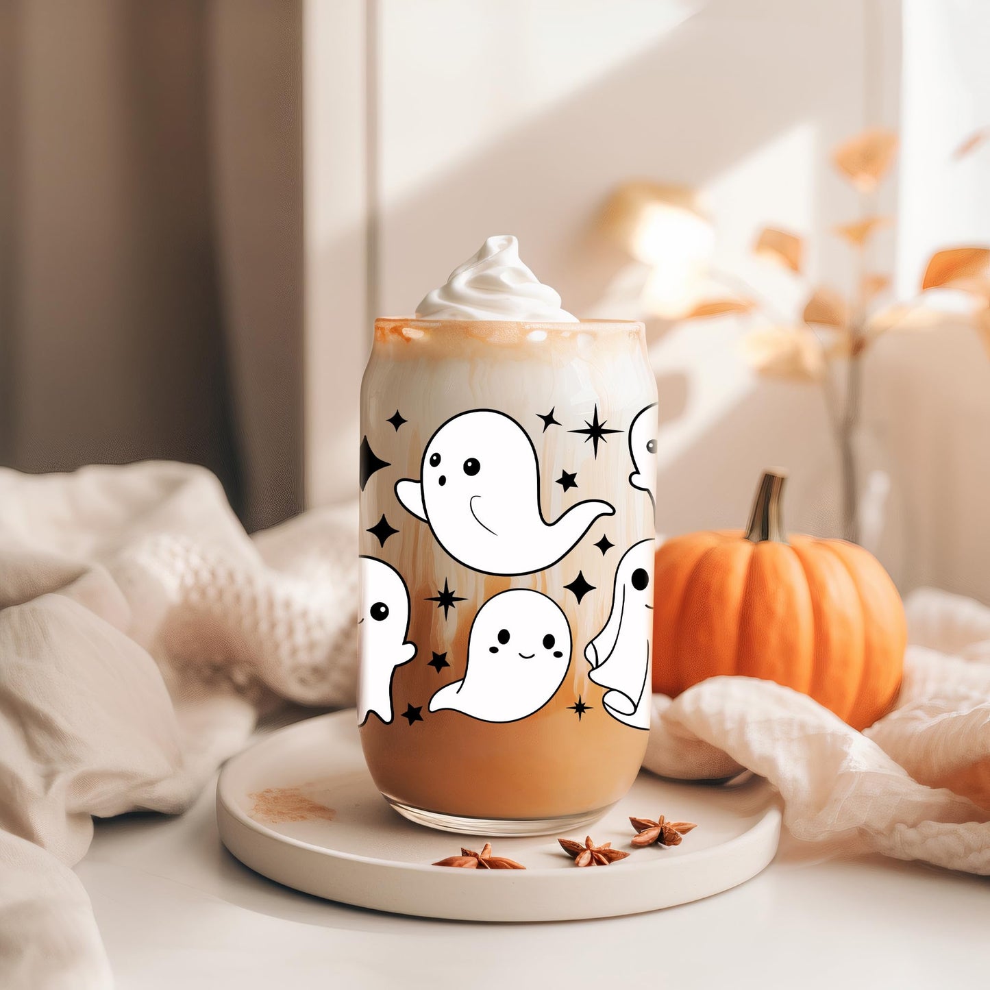 Coolife Ghost Halloween Cup, 16 oz Tumbler Glass Cups w/Lids Straws - Spooky Iced Coffee Mug for Smoothie, Cute Halloween Gifts for Women, Girls - Boo Basket Stuffers, Spooky Gifts for Teens, Her