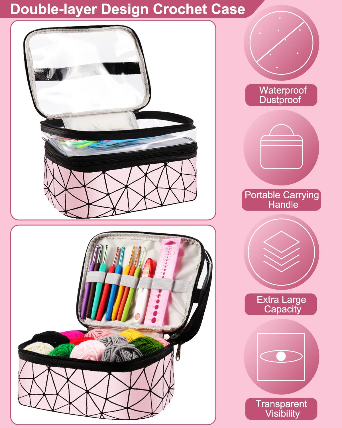 Coopay Crochet Kit for Beginners, 71PCS Crochet Starter Kit with 16 Colors Crochet Yarn & Instructions, Double-Layer Crochet Set Beginner Crochet Kit for Kids/Adults, Professional Starter Pack, Pink