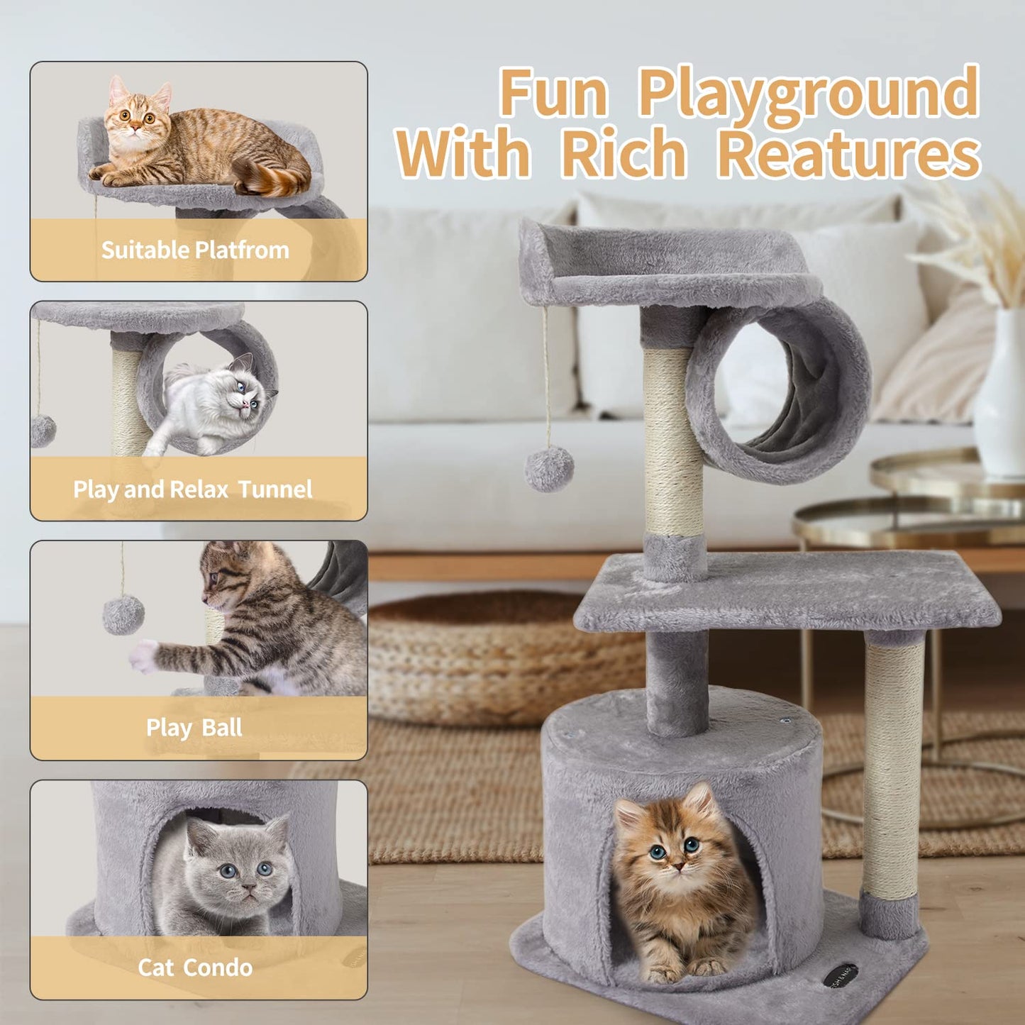 FISH&NAP US01H Cute Cat Tree Kitten Cat Tower for Indoor Cat Condo Sisal Scratching Posts with Jump Platform Cat Furniture Activity Center Play House Grey