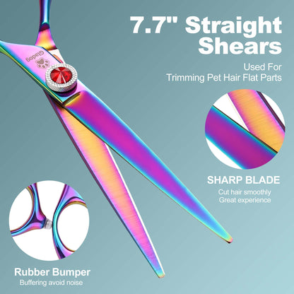 GLADOG 7 Inch Professional Dog Grooming Scissors Kit, Titanium Dog Scissors for Grooming, Heavy-Duty Dog Shears for Grooming, 6-in-1 Pet Grooming Scissors for Dogs (Pro Rainbow)
