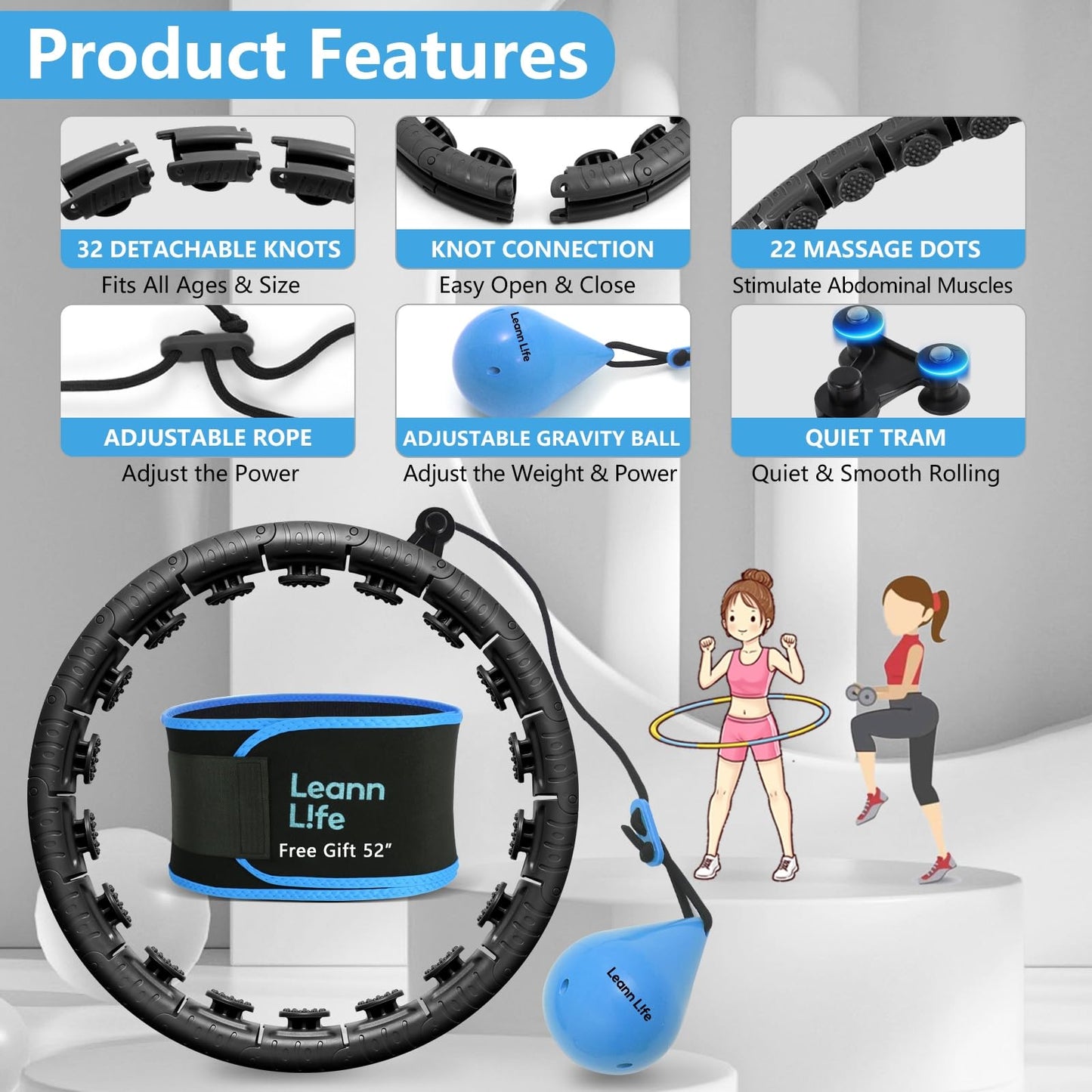 Leann L!fe U2 Black 32 Knots 19”- 65”, Adjustable Weighted Hula Hoop for Kids & Adults Weight Loss, Infinity Hoop Plus Size, Abdominal Toner, Free Waist Trimmer & Wash Bag, Black-Blue Ball