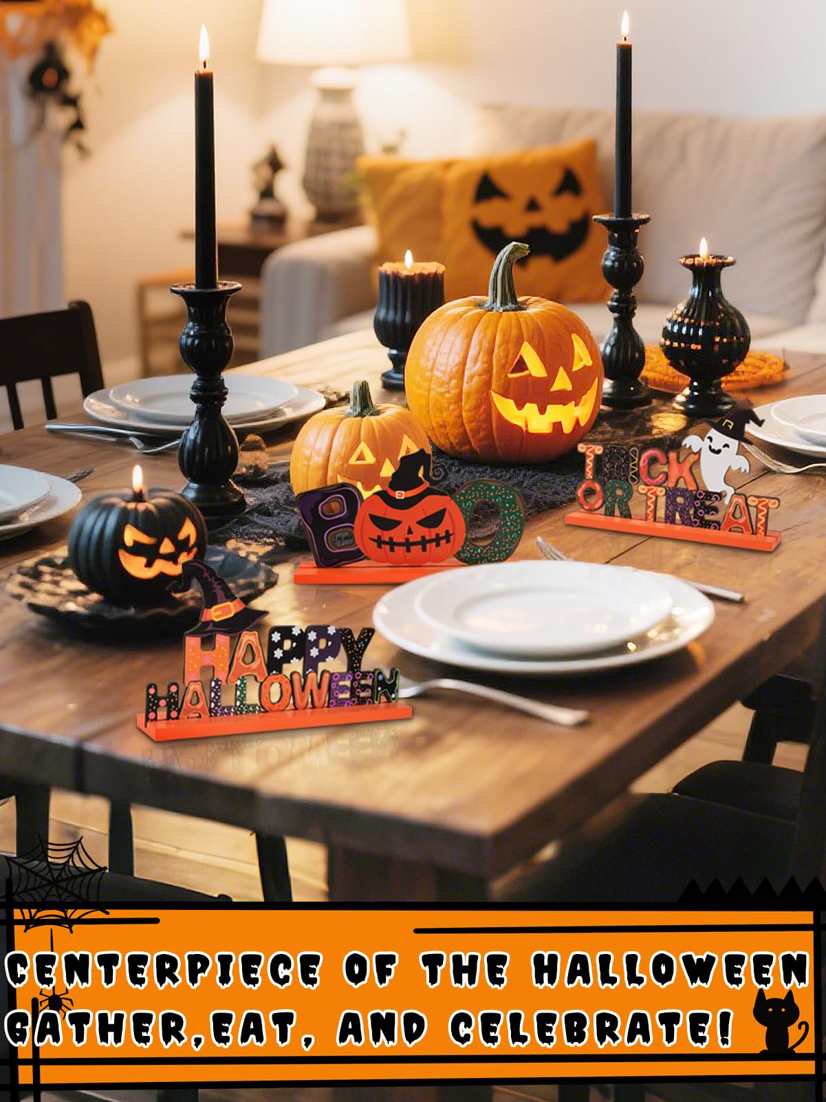 3Pcs Cute Halloween Table Decor Centerpiece Signs - Wooden Happy Halloween/Trick or Treat/Boo Indoor Decorations Gifts for Home Party, Office Desk, Kitchen, Tiered Tray