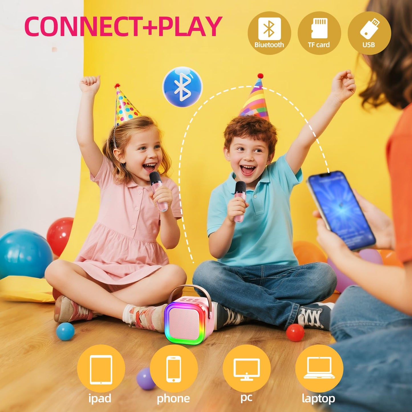 Kinglucky Mini Karaoke Machine for Kids, 2025 TOP Birthday Gifts Ideas for 3-12 Year Old Girls, Christmas Party Gifts Kids' Personal Video Players Accessories with 2 Wireless Microphones - Pink