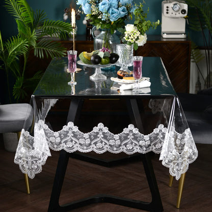 Clear Plastic Waterproof Tablecloth, Vinyl PVC Rectangle Table Cloth with Lace Macrame, Oil Spill Proof, Table Cover for Dining Tables, Parties and Holidays (White, 60 x 98 Inch)