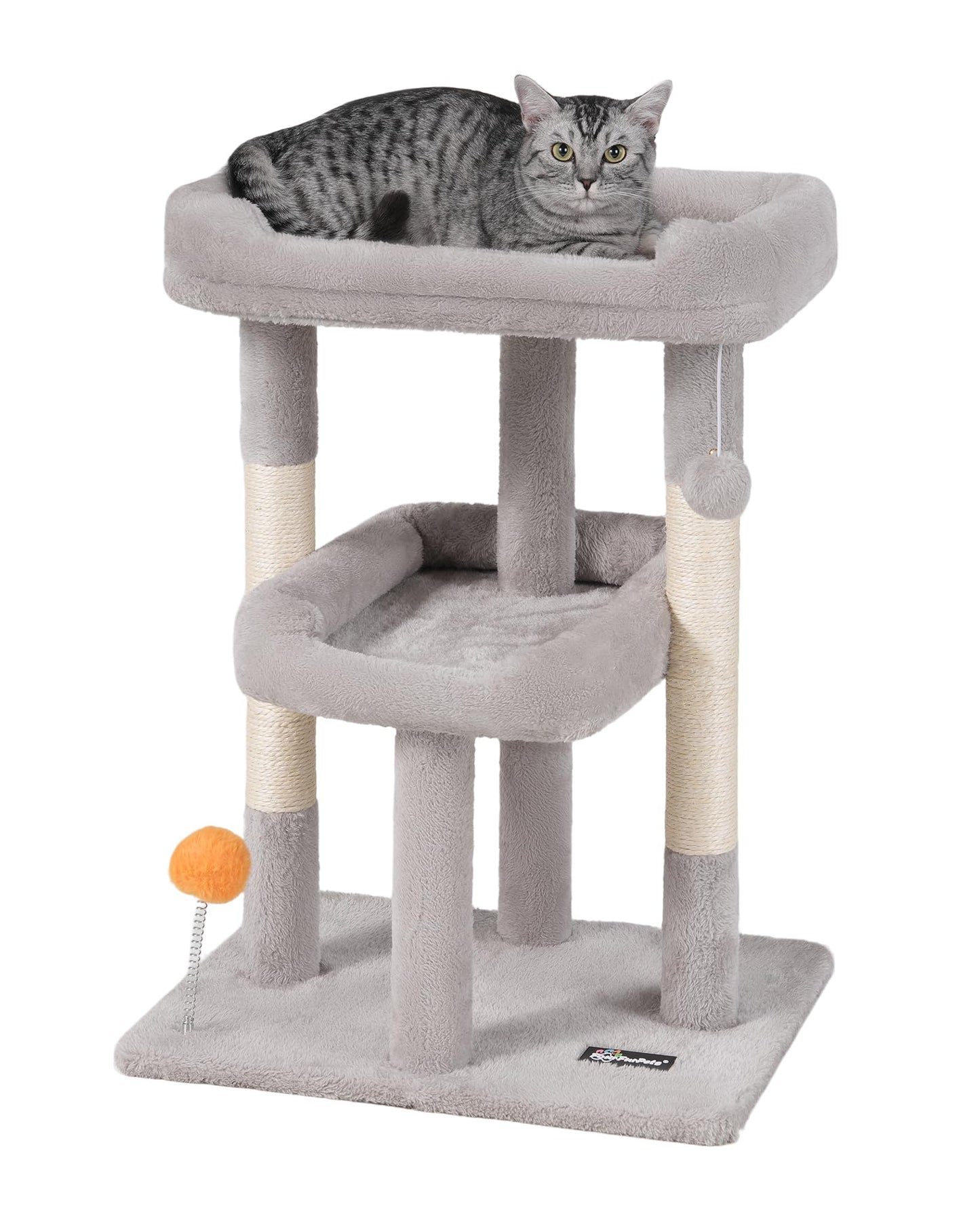 FourFurPets Small Cat Tree, Multi-Level Cat Tree for Indoor Cats, Cat Tower with Scratching Post, Cat Condo for Kittens,Toy Balls, 2 Soft Platform, Light Gray
