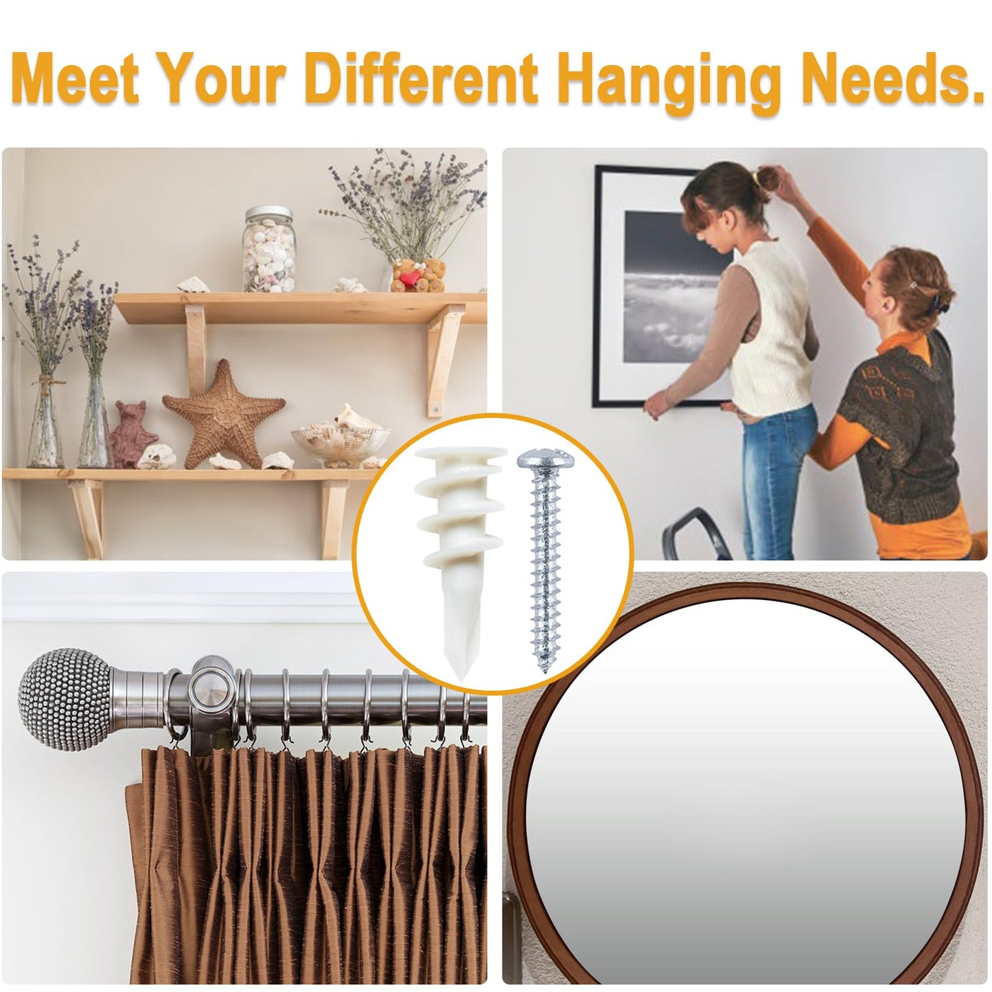 KURUI #8 Self Drilling Drywall Anchors with Screws Kit, Heavy Duty Dry Wall Anchors for Hanging Sheetrock, 50 Self-Tapping Plastic Drywall Hangers 50 Sheet Rock Screws, 100PCs Mounting Hardware -75LB