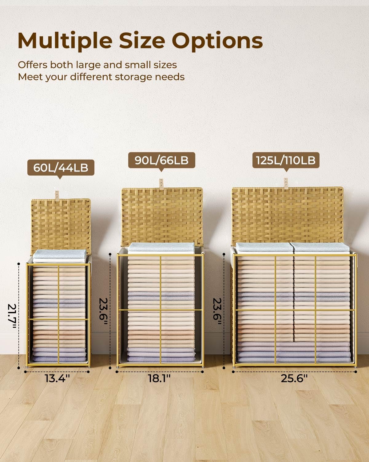 GREENSTELL Laundry Hamper with Lid, 60L Clothes Hamper with 2 Removable Liner Bags & 2 Mesh Laundry Bags, Handwoven Synthetic Rattan Laundry Basket for Clothes, Toys in Bathroom, Bedroom Natural